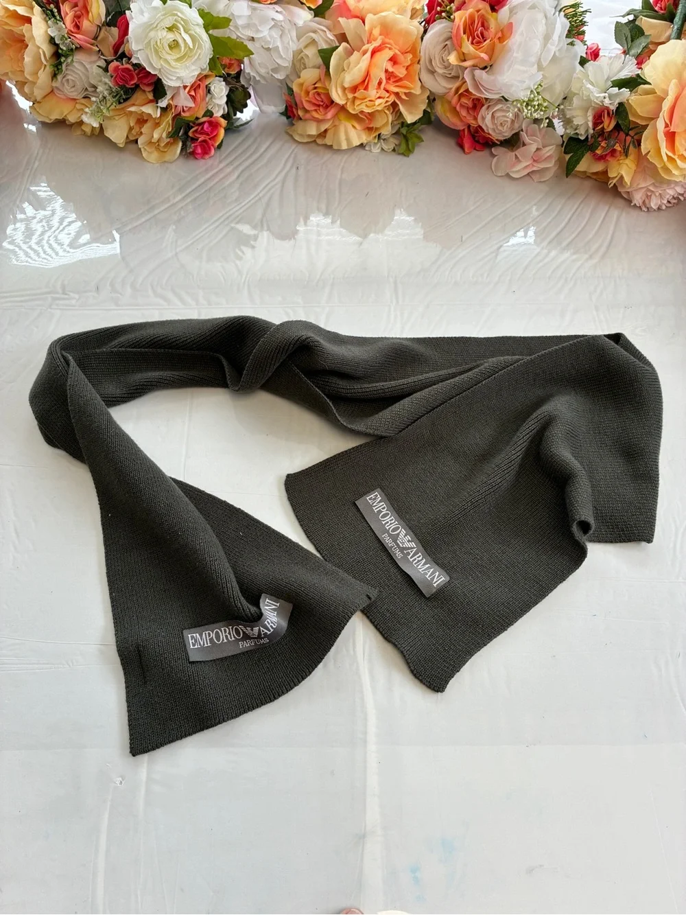 Emporio Armani Parfums Logo Knit Scarf Charcoal Gray Unisex 54in Designer